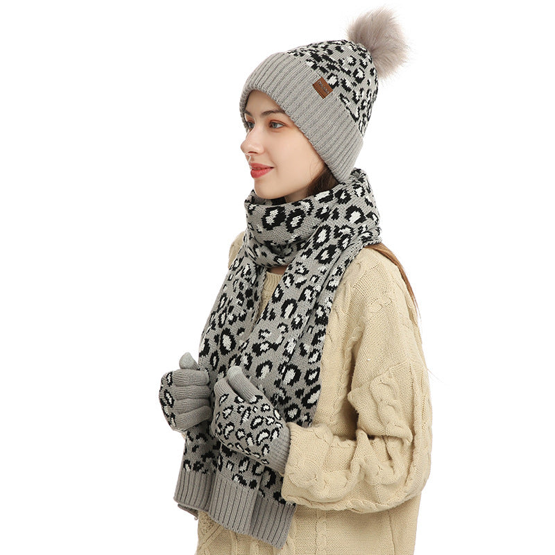 Light Grey Women's 3-Piece Winter Knit Set - Leopard Print Plush Lined Beanie Hat, Scarf & Touchscreen Gloves V888-ELOSUNG27168