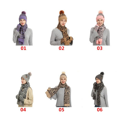 Light Grey Women's 3-Piece Winter Knit Set - Leopard Print Plush Lined Beanie Hat, Scarf & Touchscreen Gloves V888-ELOSUNG27168