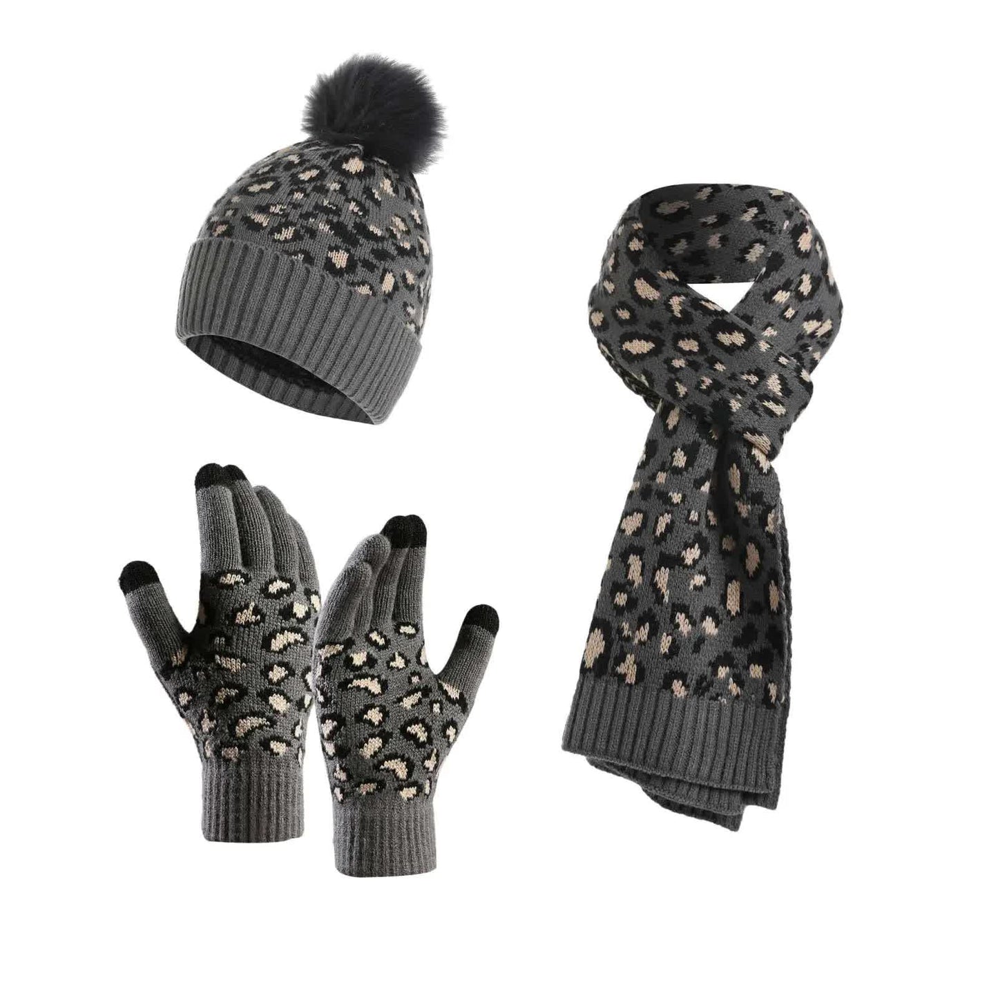 Dark Grey Women's 3-Piece Winter Knit Set - Leopard Print Plush Lined Beanie Hat, Scarf & Touchscreen Gloves V888-ELOSUNG27169