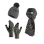 Dark Grey Women's 3-Piece Winter Knit Set - Leopard Print Plush Lined Beanie Hat, Scarf & Touchscreen Gloves V888-ELOSUNG27169