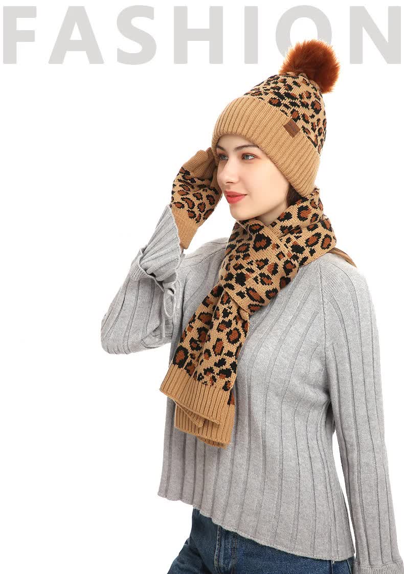 Dark Grey Women's 3-Piece Winter Knit Set - Leopard Print Plush Lined Beanie Hat, Scarf & Touchscreen Gloves V888-ELOSUNG27169