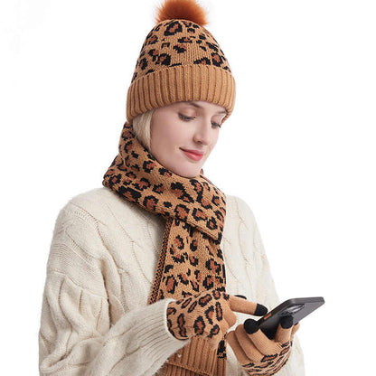 Dark Grey Women's 3-Piece Winter Knit Set - Leopard Print Plush Lined Beanie Hat, Scarf & Touchscreen Gloves V888-ELOSUNG27169