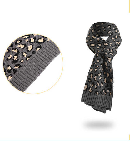 Dark Grey Women's 3-Piece Winter Knit Set - Leopard Print Plush Lined Beanie Hat, Scarf & Touchscreen Gloves V888-ELOSUNG27169