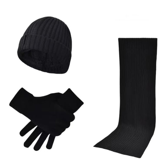 Black Men's 3-Piece Winter Warm Ribbed Knit Beanie Hat Scarf and Gloves Set V888-ELOSUNG27170
