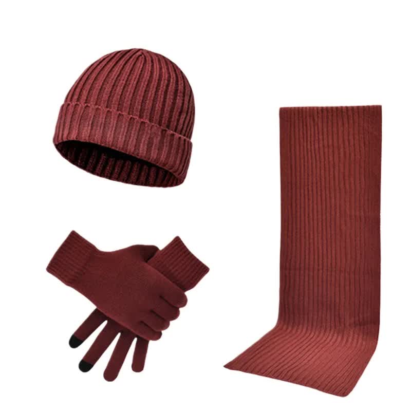 Wine Red Men's 3-Piece Winter Warm Ribbed Knit Beanie Hat Scarf and Gloves Set V888-ELOSUNG27172