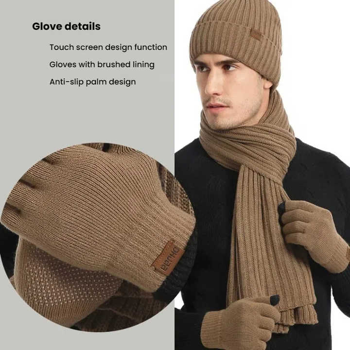Khaki Men's 3-Piece Winter Warm Ribbed Knit Beanie Hat Scarf and Gloves Set V888-ELOSUNG27174