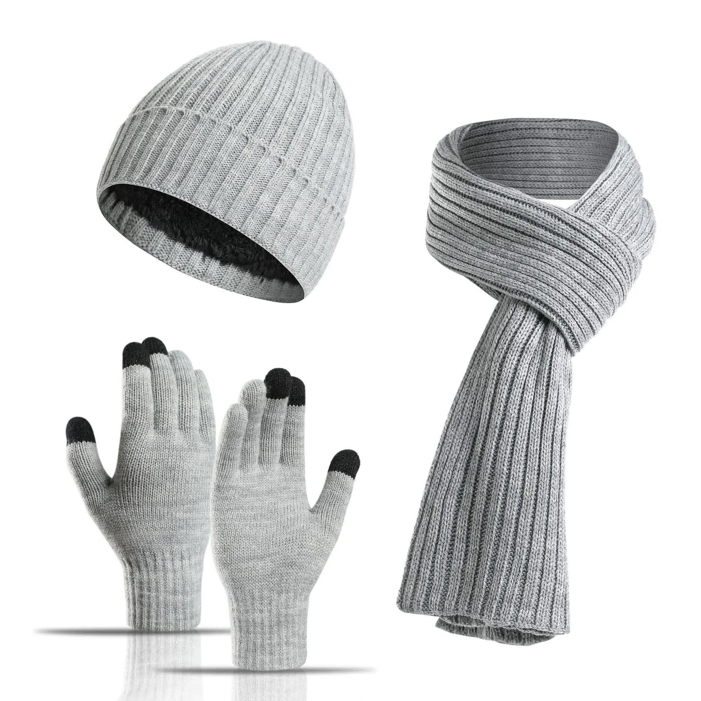 Light Grey Men's 3-Piece Winter Warm Ribbed Knit Beanie Hat Scarf and Gloves Set V888-ELOSUNG27176