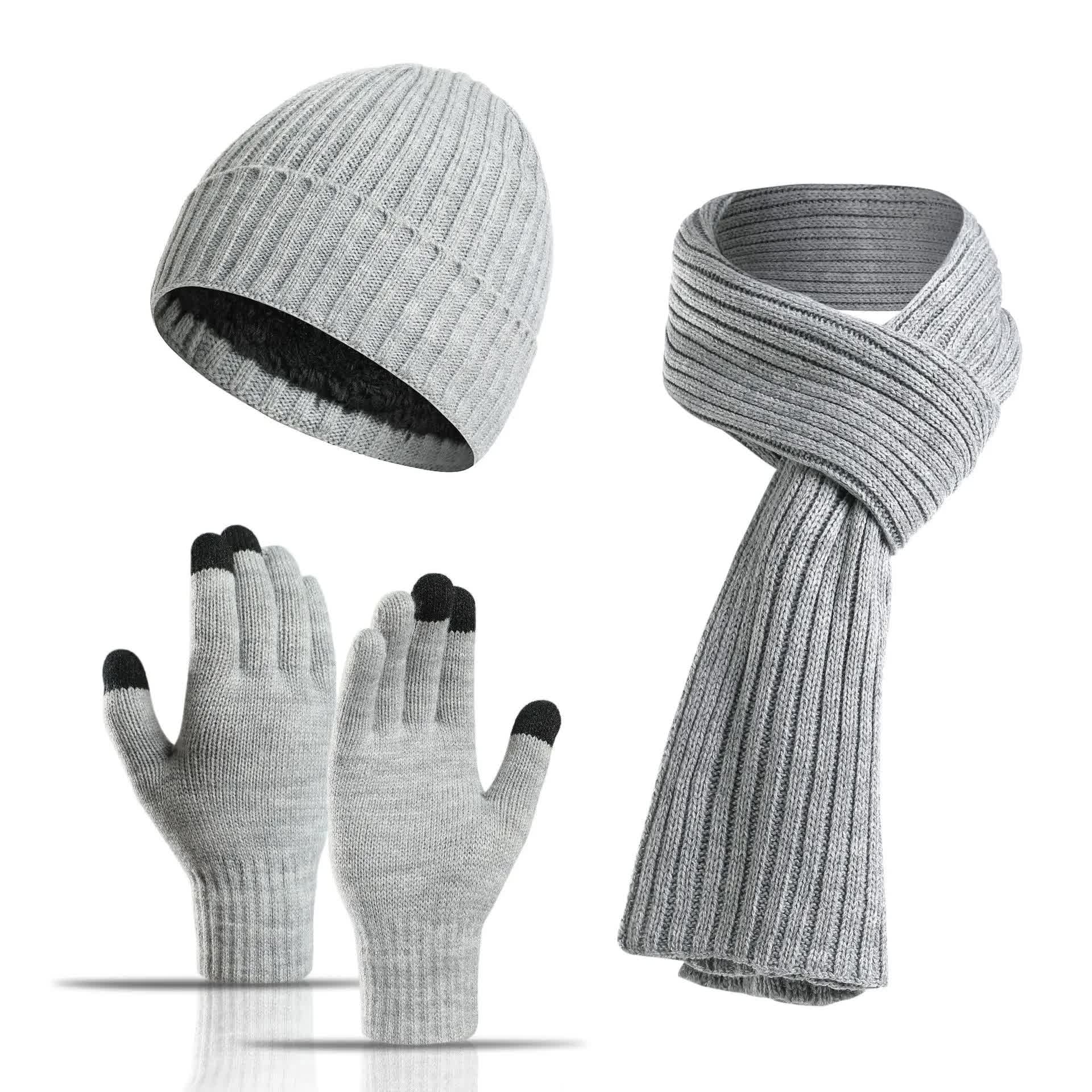 Light Grey Men's 3-Piece Winter Warm Ribbed Knit Beanie Hat Scarf and Gloves Set V888-ELOSUNG27176