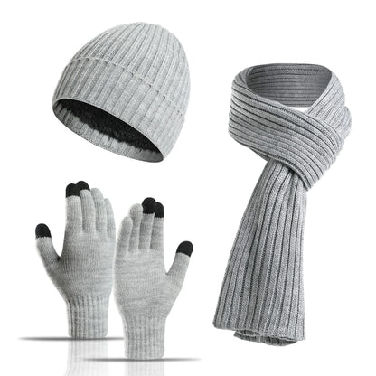 Light Grey Men's 3-Piece Winter Warm Ribbed Knit Beanie Hat Scarf and Gloves Set V888-ELOSUNG27176