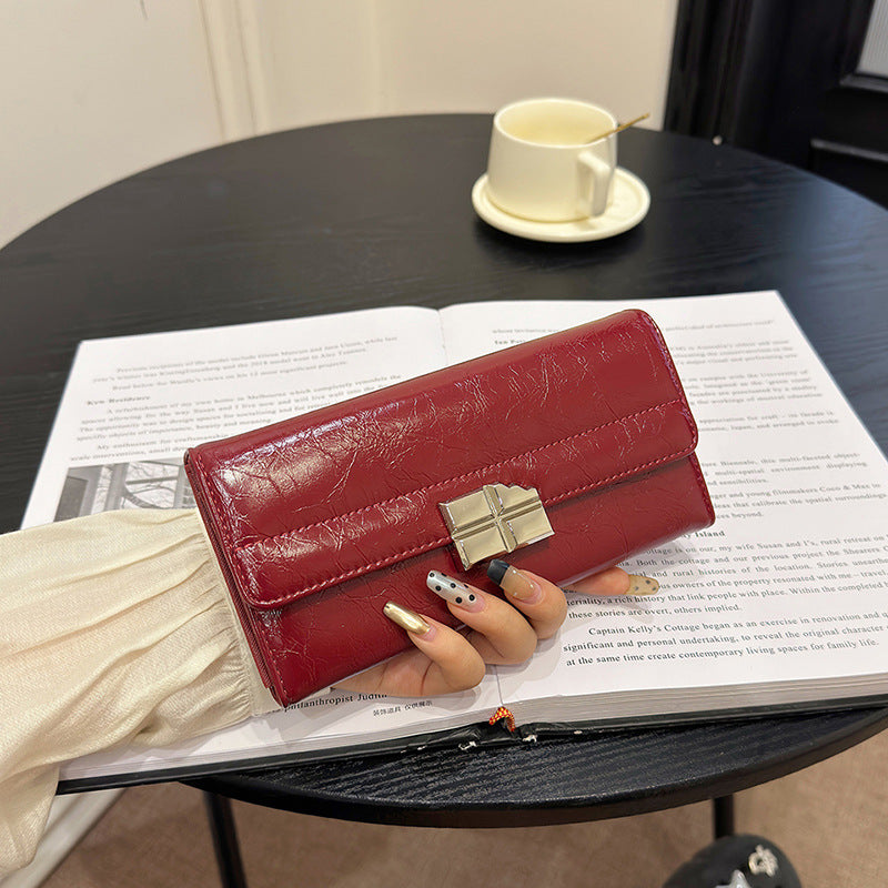 Red Elegant Women's RFID Blocking Long Wallet - PU Leather Clutch Purse with Clasp V888-ELOSUNG27179