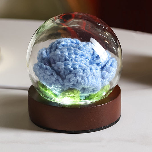 Blue Rose Handcrafted Crochet Flower LED Night Light - USB Rechargeable Glass Dome Lamp with Wood Base, 3 V888-ELOSUNG27189