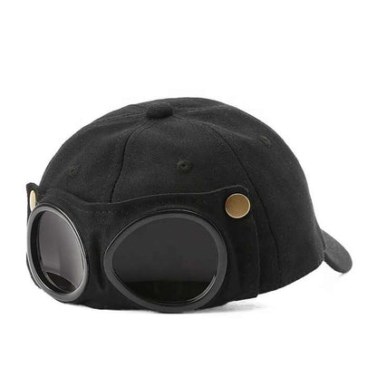 Black Stylish Aviator Goggle Baseball Cap - Unisex Outdoor Cotton Sun Hat V888-ELOSUNG27191