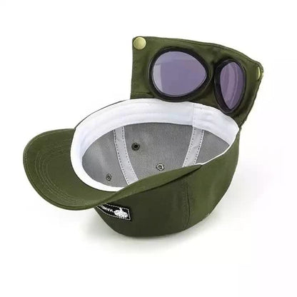 Black Stylish Aviator Goggle Baseball Cap - Unisex Outdoor Cotton Sun Hat V888-ELOSUNG27191