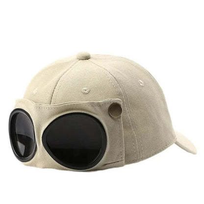 Beige Stylish Aviator Goggle Baseball Cap - Unisex Outdoor Cotton Sun Hat V888-ELOSUNG27192