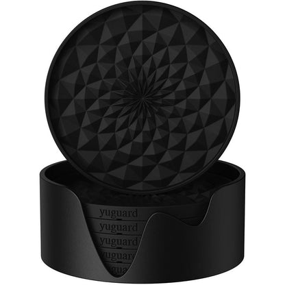 Black Geometric Silicone Drink Coasters Set (6 Pack) with Holder - Non-Slip Table Protectors V888-ELOSUNG27195