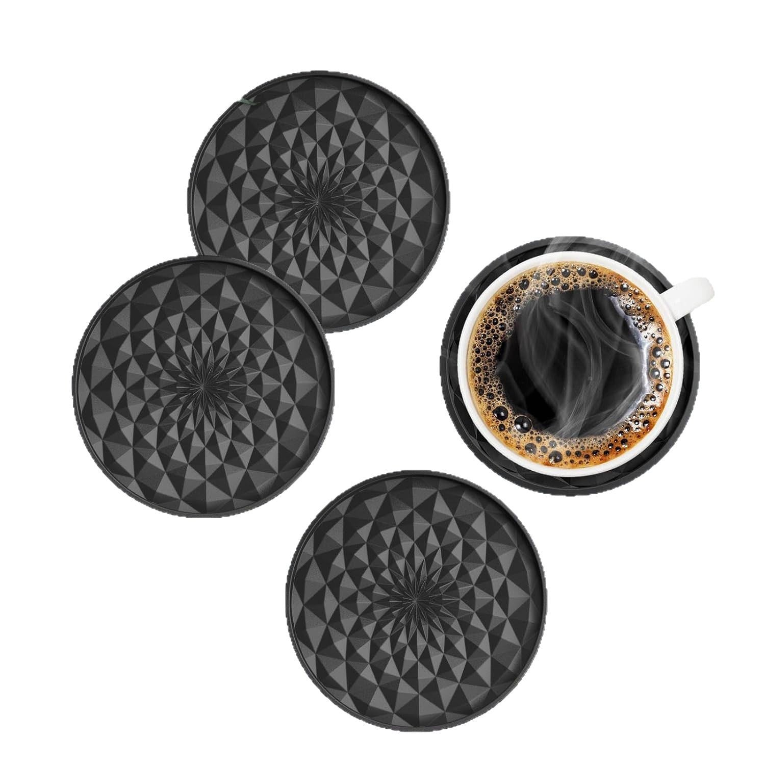 Black Geometric Silicone Drink Coasters Set (6 Pack) with Holder - Non-Slip Table Protectors V888-ELOSUNG27195