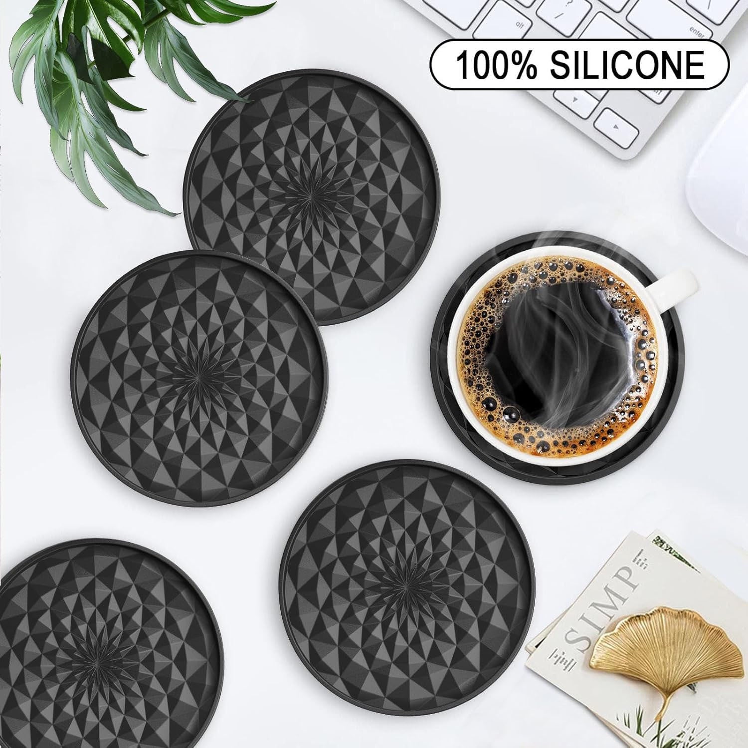 Black Geometric Silicone Drink Coasters Set (6 Pack) with Holder - Non-Slip Table Protectors V888-ELOSUNG27195
