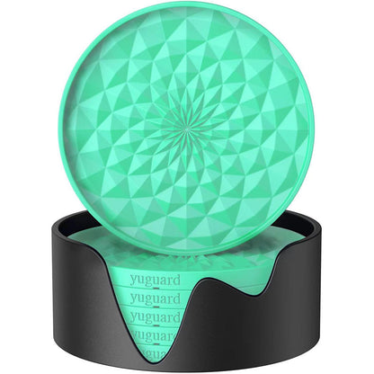 Green and Black Geometric Silicone Drink Coasters Set (6 Pack) with Holder - Non-Slip Table Protectors V888-ELOSUNG27196