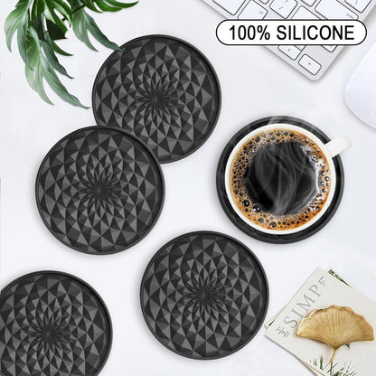 Green and Black Geometric Silicone Drink Coasters Set (6 Pack) with Holder - Non-Slip Table Protectors V888-ELOSUNG27196