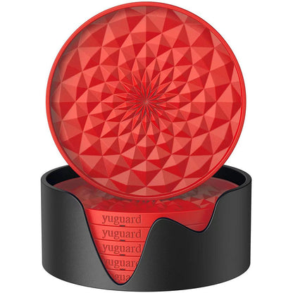 Red and Black Geometric Silicone Drink Coasters Set (6 Pack) with Holder - Non-Slip Table Protectors V888-ELOSUNG27197