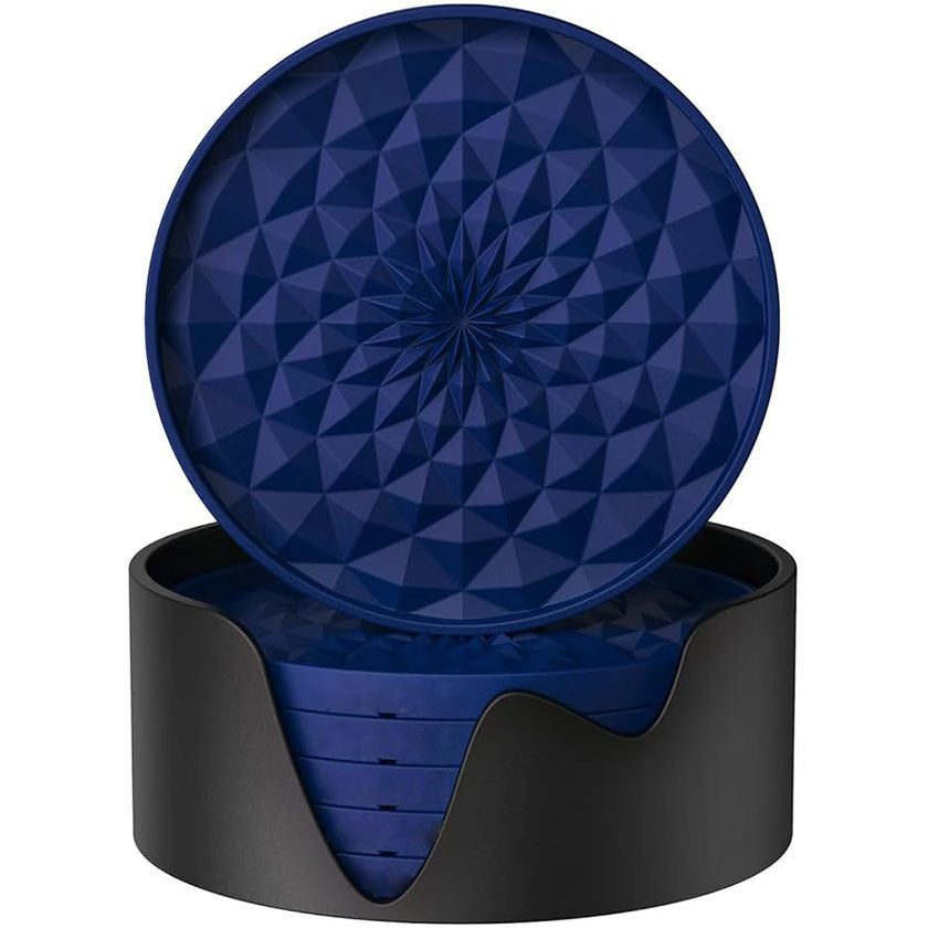 Dark Blue and Black Geometric Silicone Drink Coasters Set (6 Pack) with Holder - Non-Slip Table Protectors V888-ELOSUNG27198