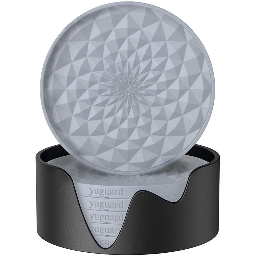 Grey and Black Geometric Silicone Drink Coasters Set (6 Pack) with Holder - Non-Slip Table Protectors V888-ELOSUNG27199