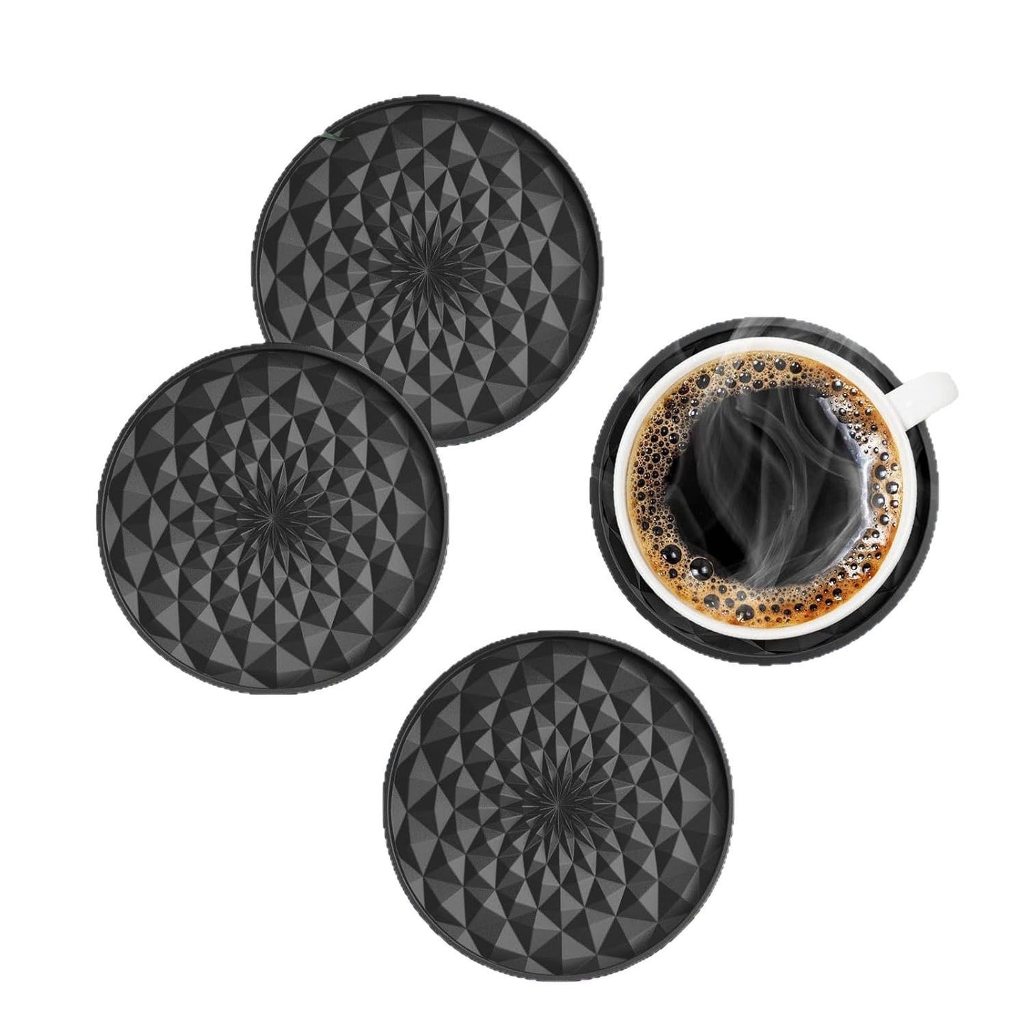Grey and Black Geometric Silicone Drink Coasters Set (6 Pack) with Holder - Non-Slip Table Protectors V888-ELOSUNG27199