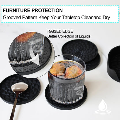 Grey and Black Geometric Silicone Drink Coasters Set (6 Pack) with Holder - Non-Slip Table Protectors V888-ELOSUNG27199