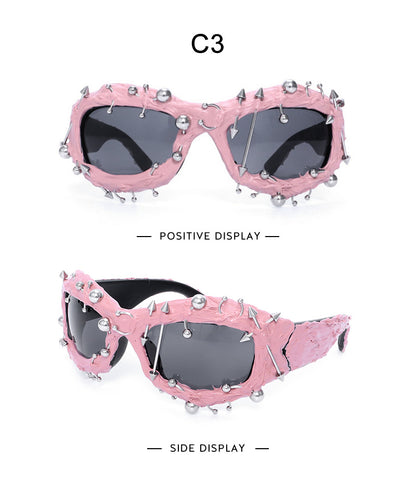 Pink Edgy Punk Rock Spiked Sunglasses - Statement Goth Studded Eyewear V888-ELOSUNG27201