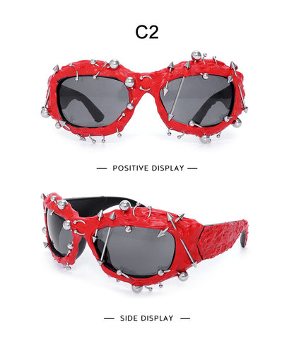 Red Edgy Punk Rock Spiked Sunglasses - Statement Goth Studded Eyewear V888-ELOSUNG27202
