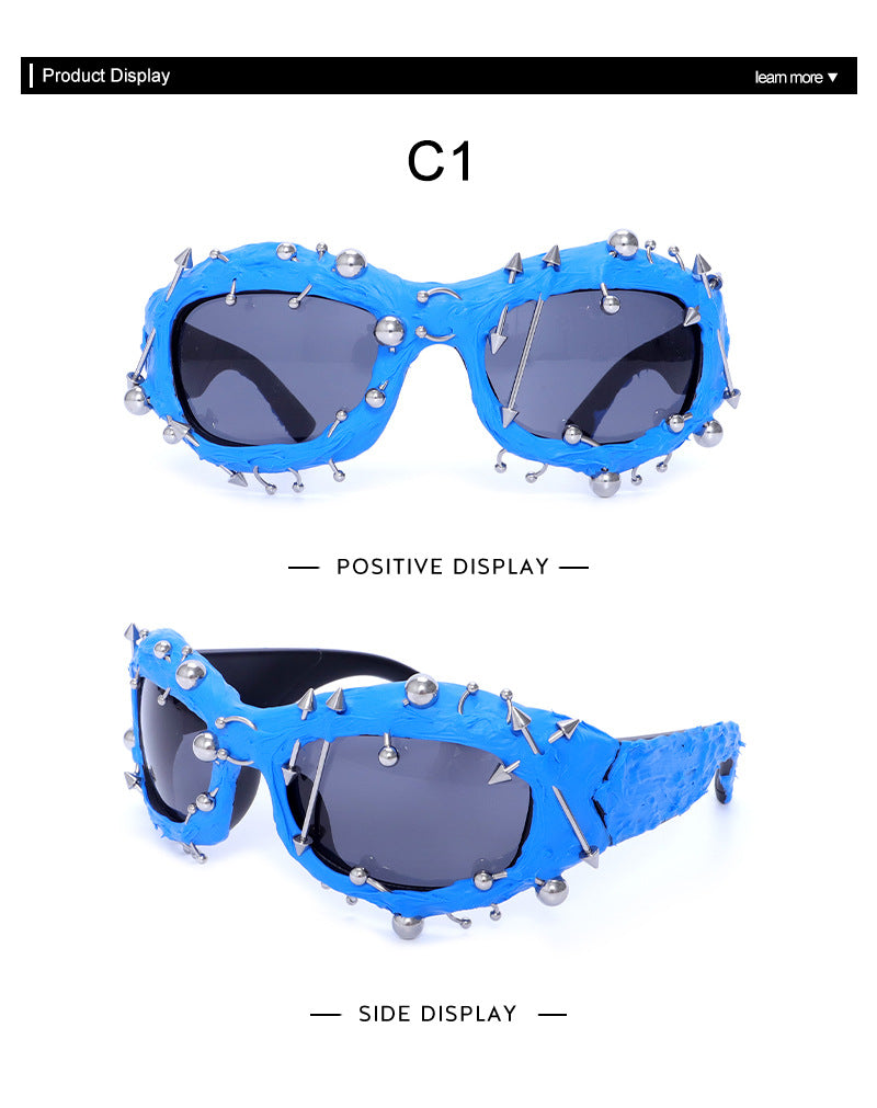 Blue Edgy Punk Rock Spiked Sunglasses - Statement Goth Studded Eyewear V888-ELOSUNG27203