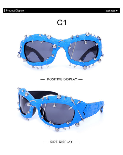 Blue Edgy Punk Rock Spiked Sunglasses - Statement Goth Studded Eyewear V888-ELOSUNG27203