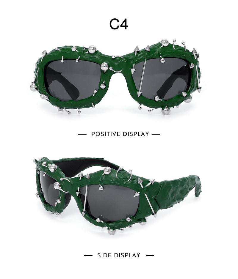 Green Edgy Punk Rock Spiked Sunglasses - Statement Goth Studded Eyewear V888-ELOSUNG27204