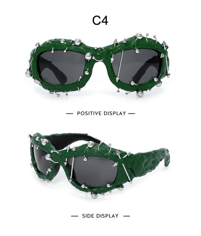 Green Edgy Punk Rock Spiked Sunglasses - Statement Goth Studded Eyewear V888-ELOSUNG27204