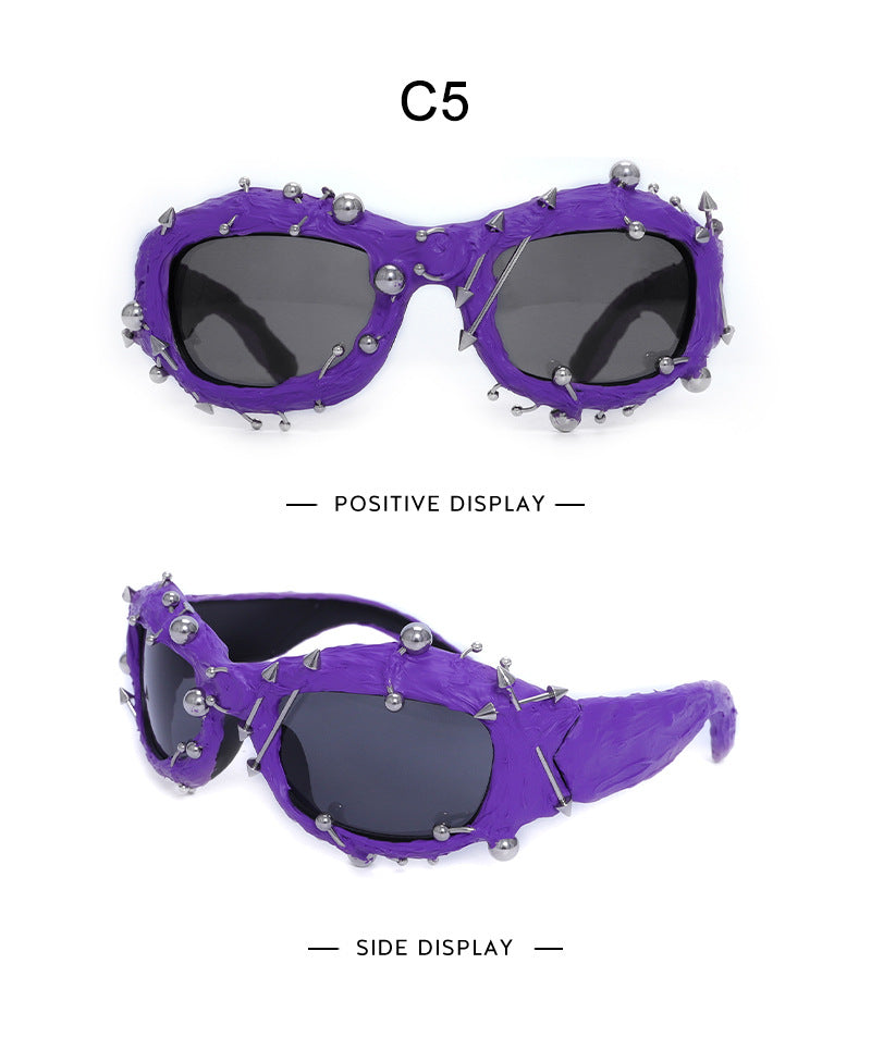 Purple Edgy Punk Rock Spiked Sunglasses - Statement Goth Studded Eyewear V888-ELOSUNG27205