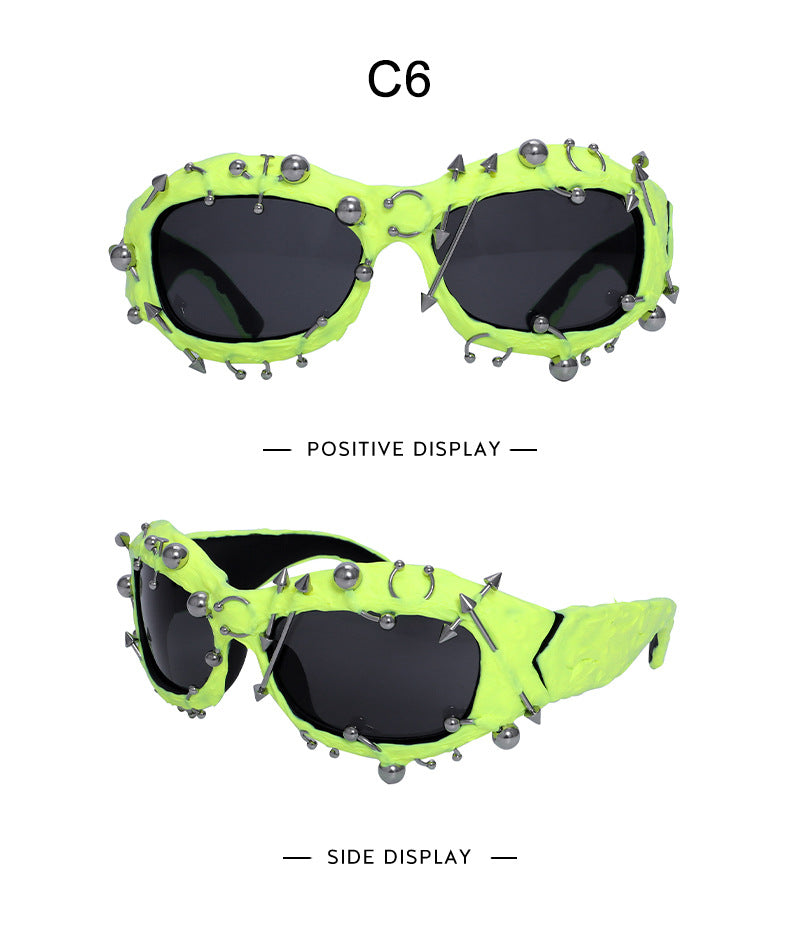 Bright Green Edgy Punk Rock Spiked Sunglasses - Statement Goth Studded Eyewear V888-ELOSUNG27206