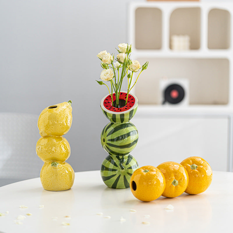 Green and Red Whimsical Stacked Watermelon Ceramic Vase - Novelty Tabletop Decor V888-ELOSUNG27209