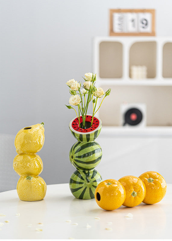 Green and Red Whimsical Stacked Watermelon Ceramic Vase - Novelty Tabletop Decor V888-ELOSUNG27209