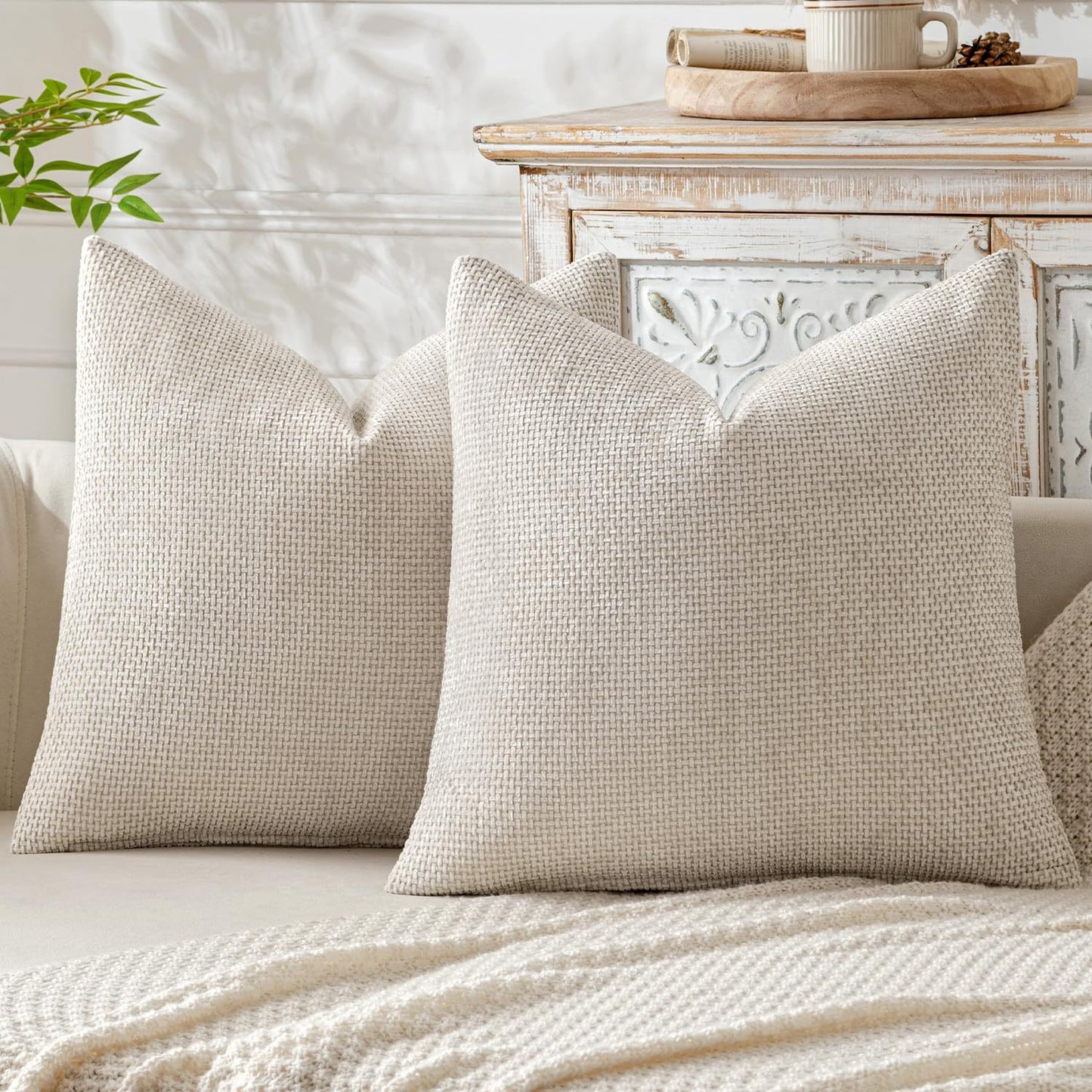 Beige Plush Chenille Cushion Covers Set of 2 - Soft Textured Decorative Throw Pillow Cases for Sofa Couch, V888-ELOSUNG27213