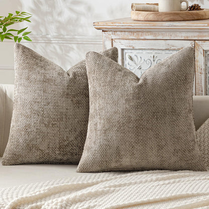 Khaki Plush Chenille Cushion Covers Set of 2 - Soft Textured Decorative Throw Pillow Cases for Sofa Couch, V888-ELOSUNG27215