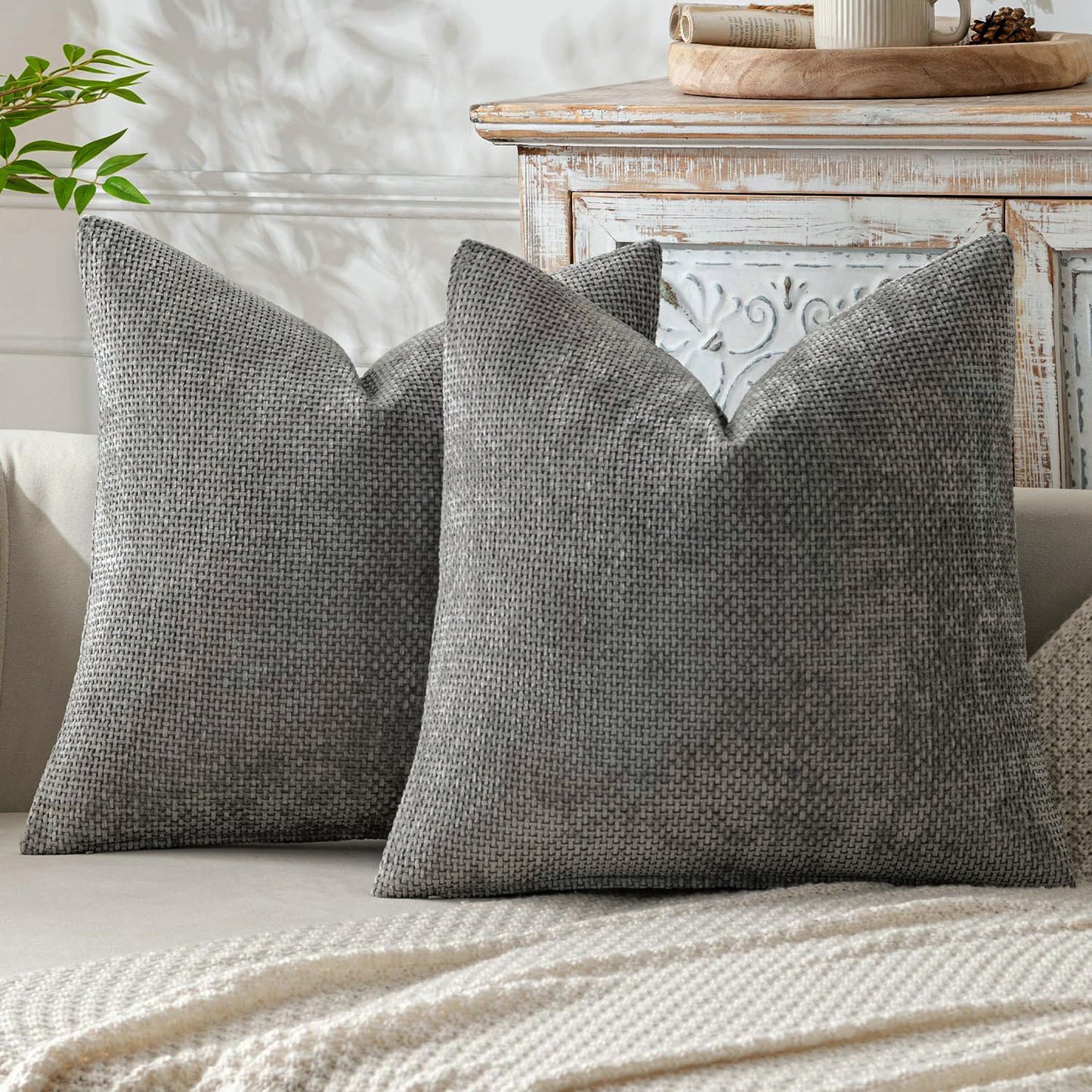 Grey Plush Chenille Cushion Covers Set of 2 - Soft Textured Decorative Throw Pillow Cases for Sofa Couch, V888-ELOSUNG27216