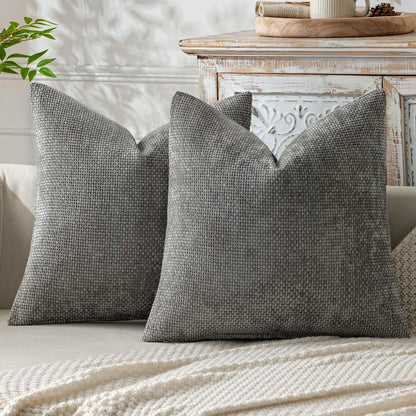 Grey Plush Chenille Cushion Covers Set of 2 - Soft Textured Decorative Throw Pillow Cases for Sofa Couch, V888-ELOSUNG27216