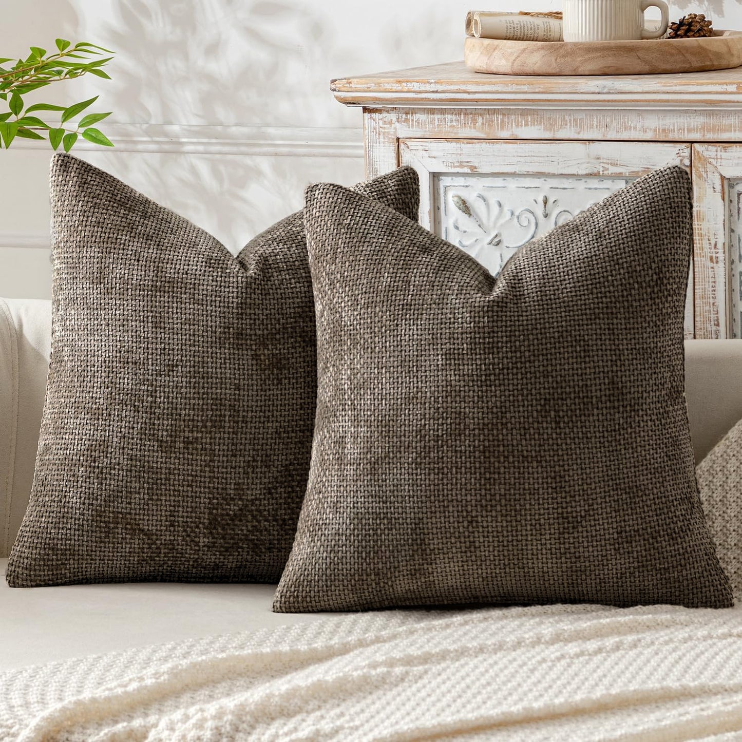 Brown Plush Chenille Cushion Covers Set of 2 - Soft Textured Decorative Throw Pillow Cases for Sofa Couch, V888-ELOSUNG27217