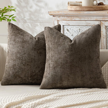 Brown Plush Chenille Cushion Covers Set of 2 - Soft Textured Decorative Throw Pillow Cases for Sofa Couch, V888-ELOSUNG27217