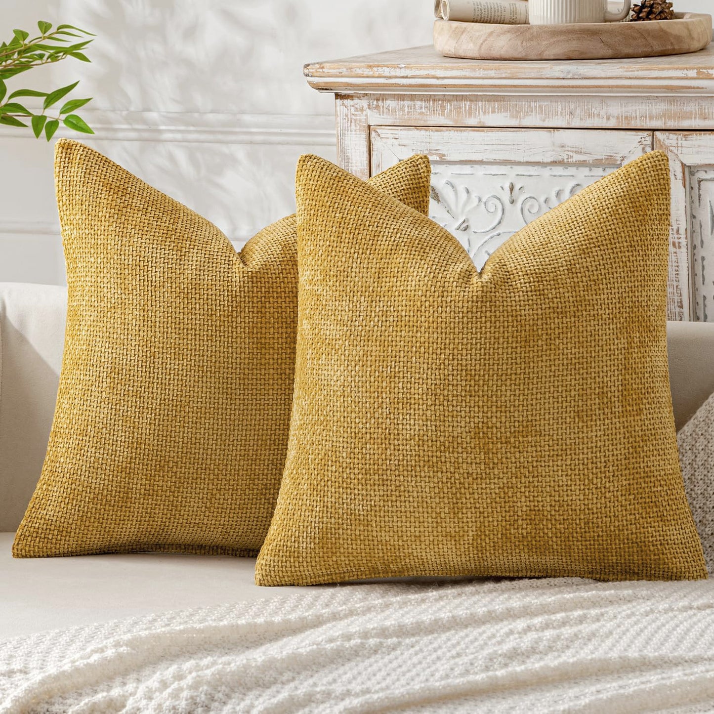 Yellow Plush Chenille Cushion Covers Set of 2 - Soft Textured Decorative Throw Pillow Cases for Sofa Couch, V888-ELOSUNG27218