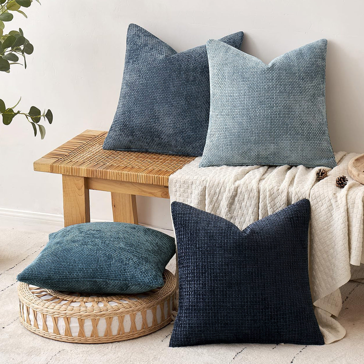 Yellow Plush Chenille Cushion Covers Set of 2 - Soft Textured Decorative Throw Pillow Cases for Sofa Couch, V888-ELOSUNG27218