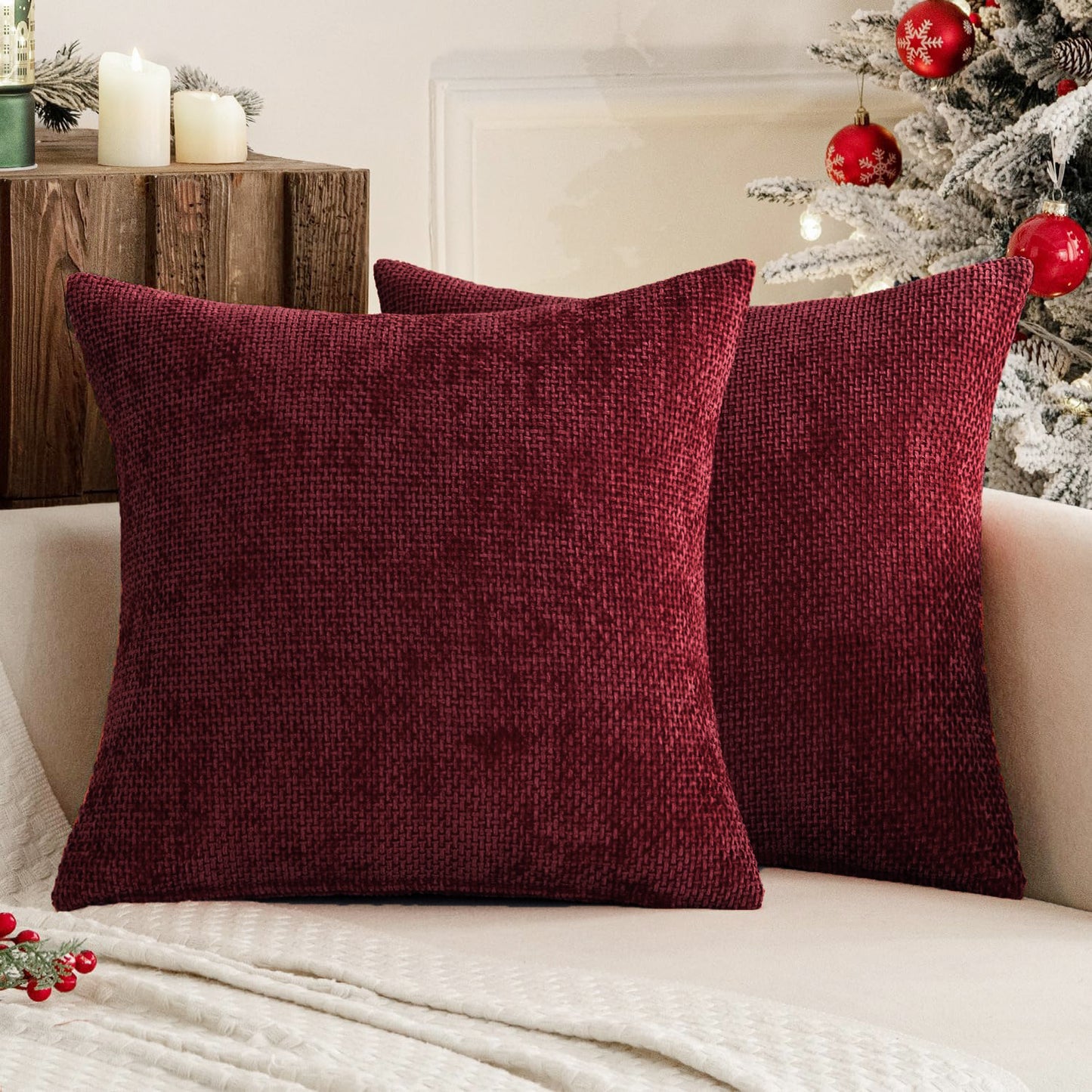 Dark Red Plush Chenille Cushion Covers Set of 2 - Soft Textured Decorative Throw Pillow Cases for Sofa Couch, V888-ELOSUNG27219