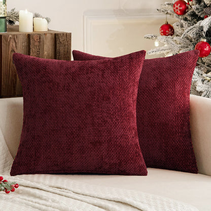 Dark Red Plush Chenille Cushion Covers Set of 2 - Soft Textured Decorative Throw Pillow Cases for Sofa Couch, V888-ELOSUNG27219