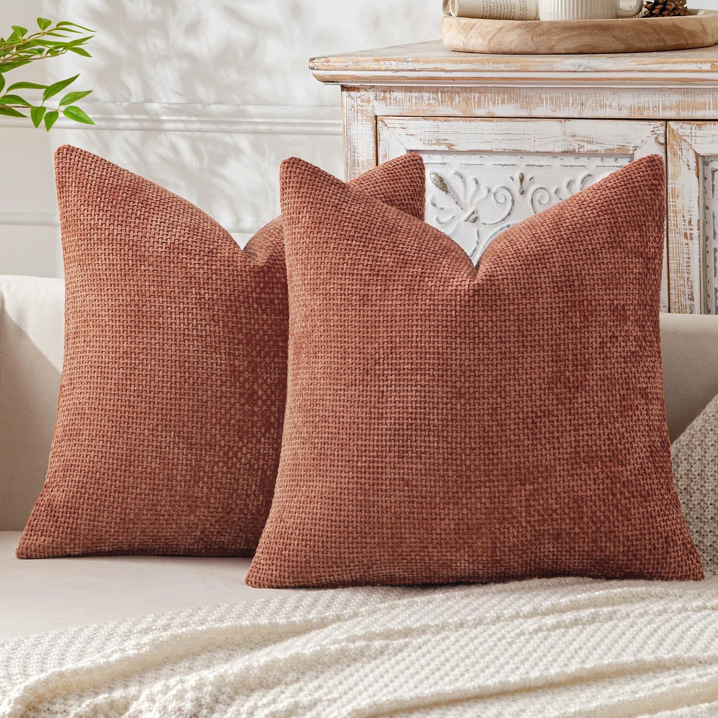 Pink Plush Chenille Cushion Covers Set of 2 - Soft Textured Decorative Throw Pillow Cases for Sofa Couch, V888-ELOSUNG27220