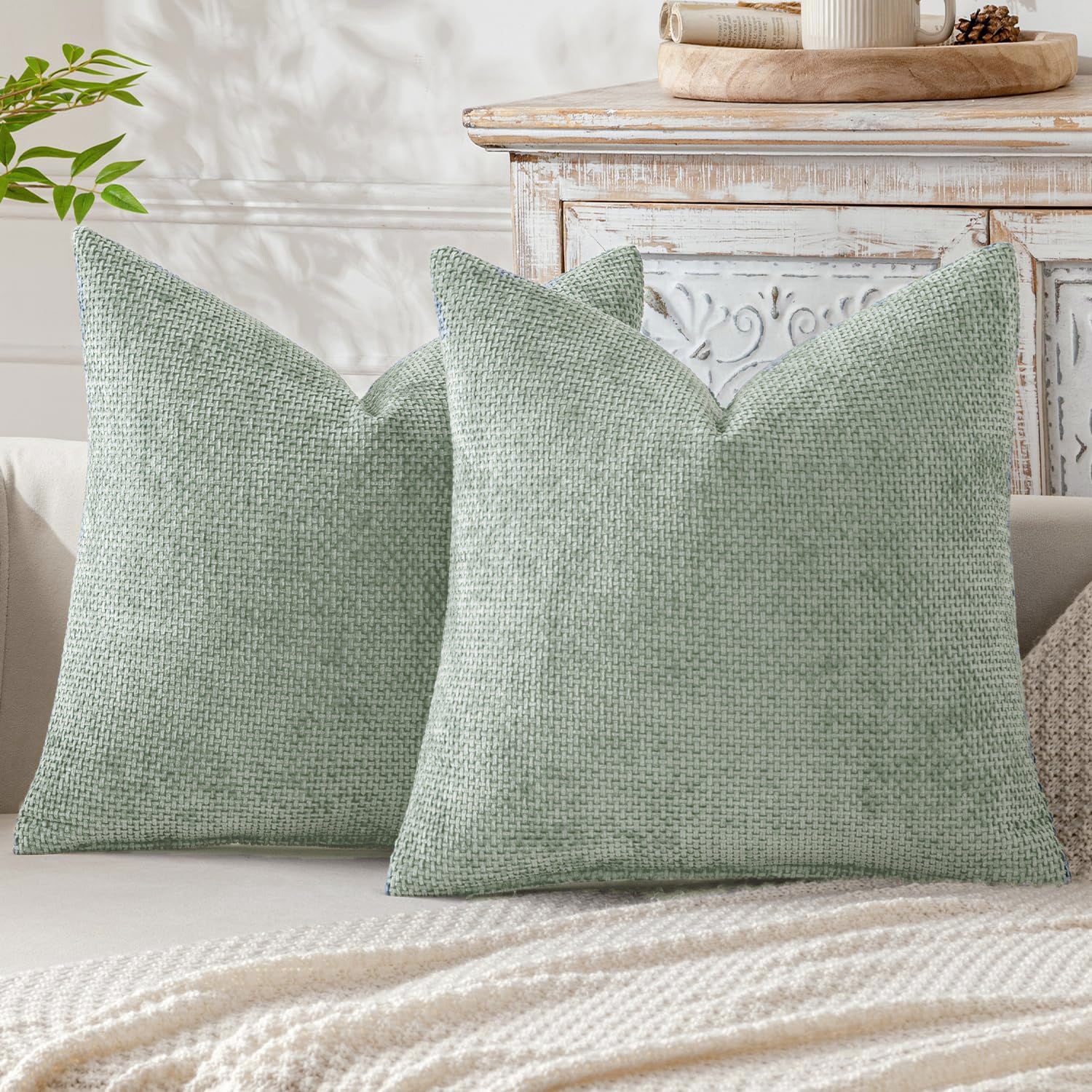 Light Green Plush Chenille Cushion Covers Set of 2 - Soft Textured Decorative Throw Pillow Cases for Sofa V888-ELOSUNG27238